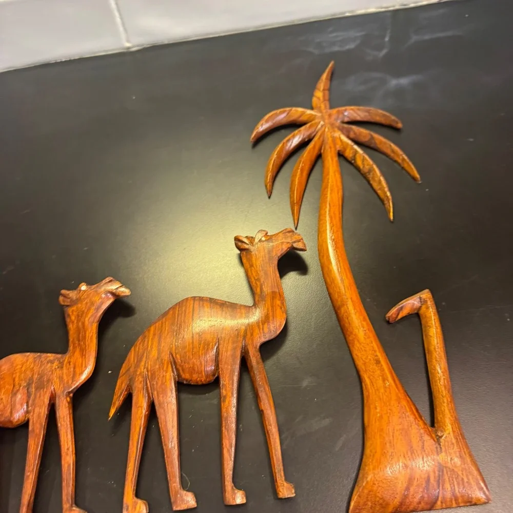 Handcrafted Wood Wall Art Set 4pc Brown Camel Palm Tree Desert Silhouette Decor